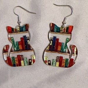 Cat-Shaped Bookshelf Resin Earrings - Multicolor
